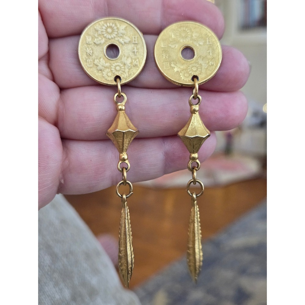 Japanese 50 Yen Earrings Goldtone Drop Earrings Vintage